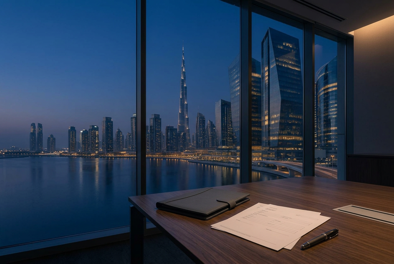Business setup documents overlooking the Dubai skyline
