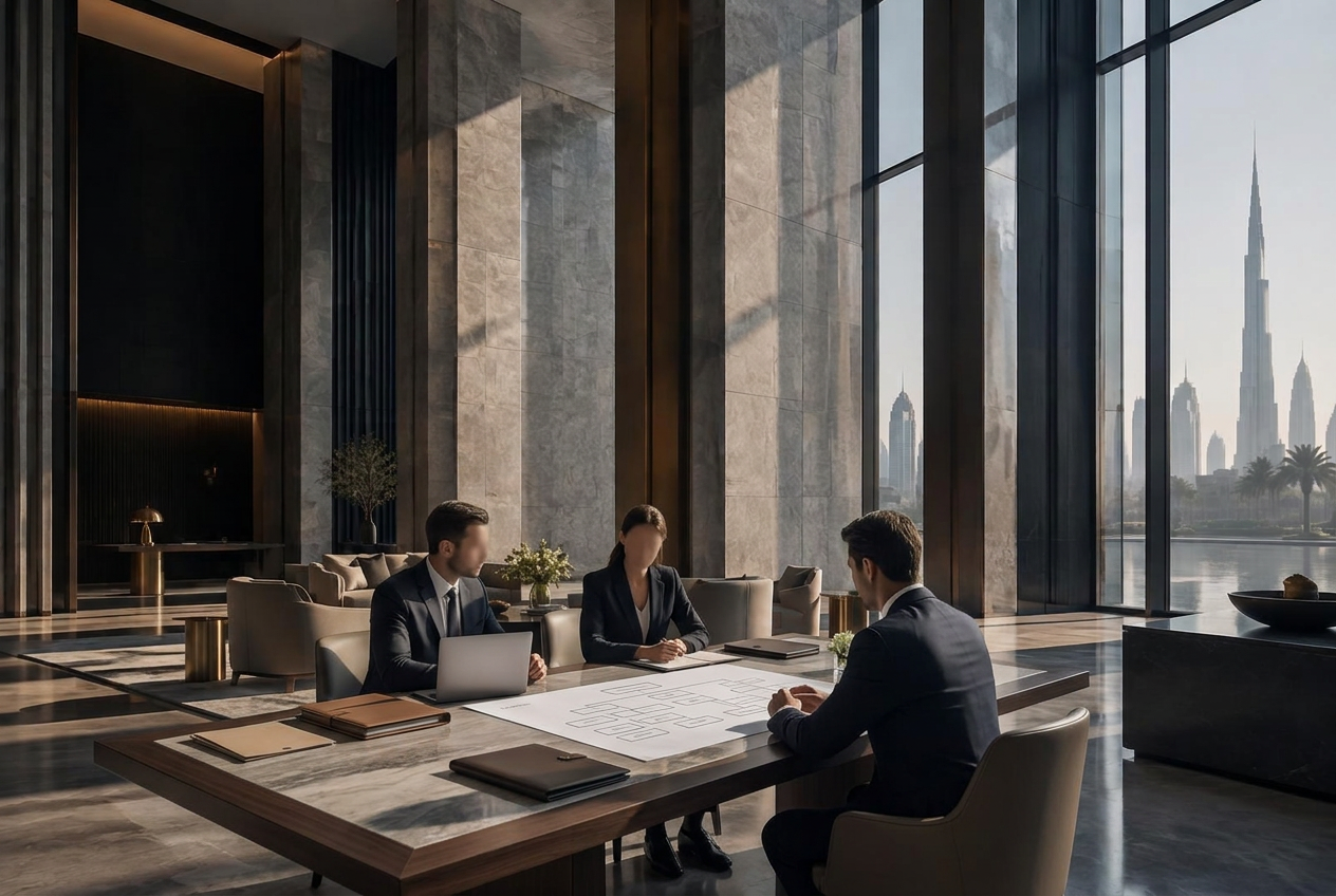Business leaders discussing an organisational plan in a Dubai office