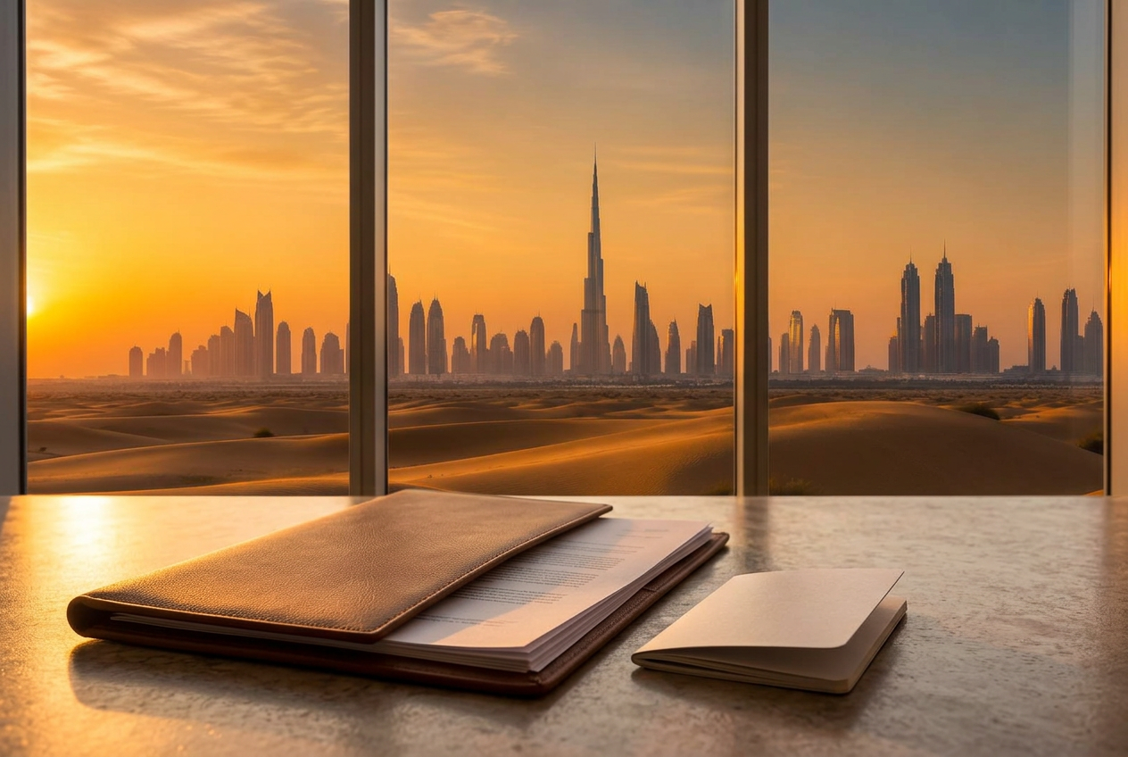 Residency planning documents overlooking Dubai at sunset